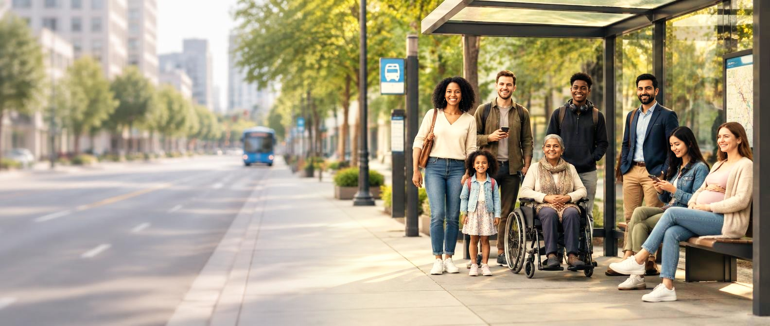 Une mère noire et sa fille, un homme blanc avec un sac à dos et une femme âgée en fauteuil roulant attendant ensemble à un arrêt d’autobus moderne